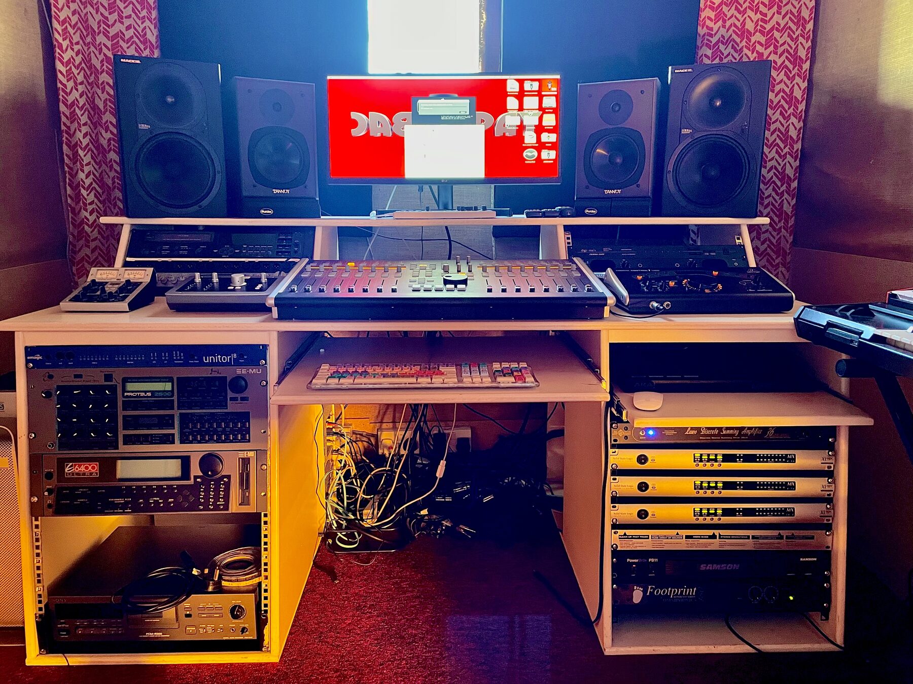 Vintage outboard rack, Mackie monitors and E-MU samplers